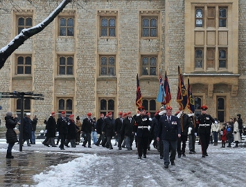 A picture of the parade group marching down